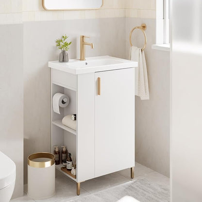 20 Inch White Pre-Assembled Small Bathroom Vanity Cabinet with Ceramic Sink, Soft-Close Door, Left Side Storage, Space-Saving Design, No Faucet,BV05-20-WHITE-PLUS