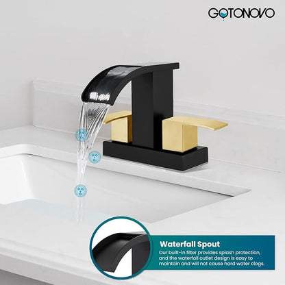 gotonovo Waterfall 4 Inch Centerset Bathroom Sink Faucet 2 Handle Basin Faucets 2 or 3 Hole Deck Mount with Pop Up Drain Included Lavatory Modern Mixer Tap Vanity Faucet Matte Black & Brushed Gold