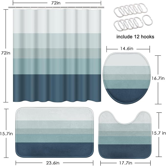 Bathroom Sets with Shower Curtain and Rugs, 4 Pcs, Striped Ombre | Minimalist Modern Neutral Bathroom Decor Set with Toilet Lid Cover, Non-Slip Bath Mats and Accessories 12 Hooks