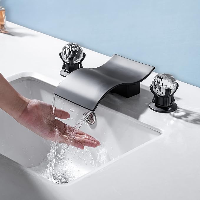 Widespread Bathroom Sink Faucet with Crystal Knob 3 Hole Waterfall Vanity Faucet 8 Inch Crystal Bathroom Faucets Deck Mount Basin Mixer Tap with Hose, Matte Black