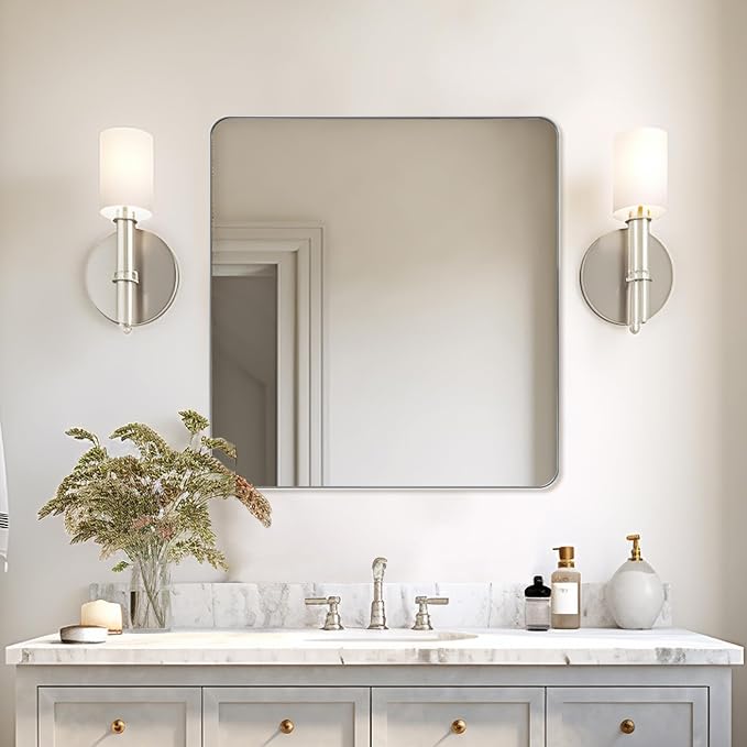 Square Brushed Nickel Mirror for Bathroom, 24”x24” Silver Metal Frame Wall Mirror, Rounded Corner Stainless Steel Hangs Horizontal Or Vertical