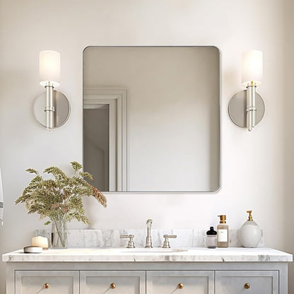 Square Brushed Nickel Mirror for Bathroom, 24”x24” Silver Metal Frame Wall Mirror, Rounded Corner Stainless Steel Hangs Horizontal Or Vertical