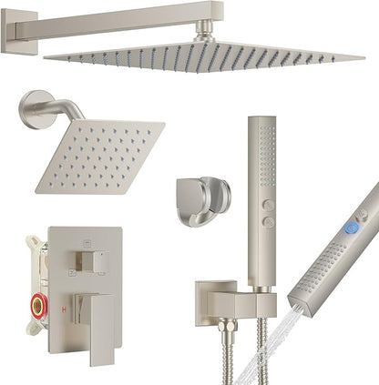 Rain Shower System 12" & 6" Dual Shower Heads, Wall Mount Shower Faucet Set | Ideal for bathroom remodels and upgrades with 12" rain shower, 6" angled shower, handheld spray and complete valve kit.