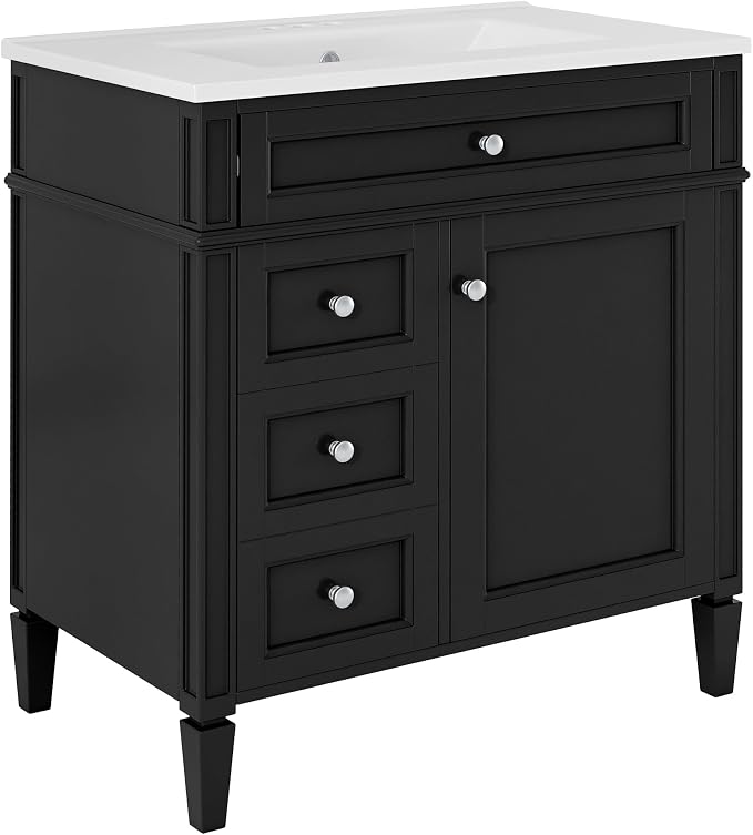 Merax 30 Inch Bathroom Vanity with Sink Set, Modern Bathroom Vanity Storage Cabinet with Matching Mirror Medicine Cabinet, Solid Wood Frame，Painted Finish, 2 Drawers and 1 Tip-Out Drawer, Black