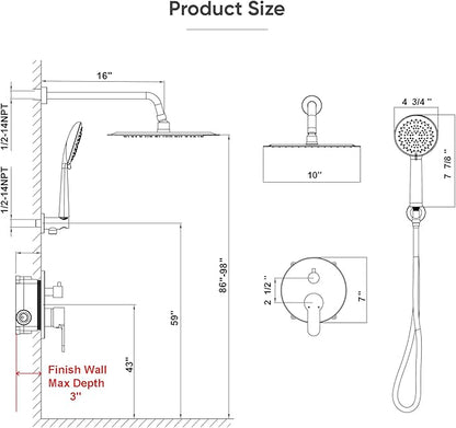 Gabrylly Shower System Black, Pressure Balance Shower Faucet Set, 10" Stainless Steel Rain Shower head with 5-Mode Handheld Shower Spray Combo,High Pressure Rainfall Shower Head Set, Matte Black