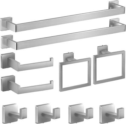 10-Piece Square Bathroom Hardware Set with 24" Towel Bar x2, Toilet Paper Holder x2, Towel Hook x4, Towel Ring x2, Wall Mounted Stainless Steel Bathroom Accessories for Modern Bathroom Decor