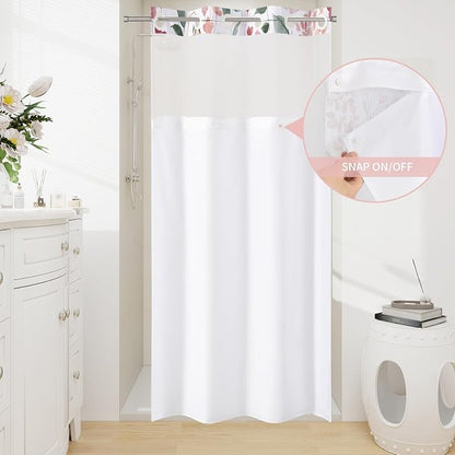 Litabel No Hook Pink Watercolor Floral Shower Curtain and Liner Set, 36x74 | Spring Flower Shower Curtains with Snap-in Liner for Farmhouse Bathroom Decor, Botanical Bathroom Curtain with Leaves