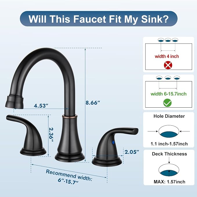 Oil Rubbed Bronze Widespread Bathroom Sink Faucet, 3 Hole 8 Inch | Modern Bathroom Faucet 3-Hole,2 Handles,Pop-Up Drain & Supply Lines,Deck Mount Vanity Faucet,1.2 GPM,SUS304 Stainless Steel