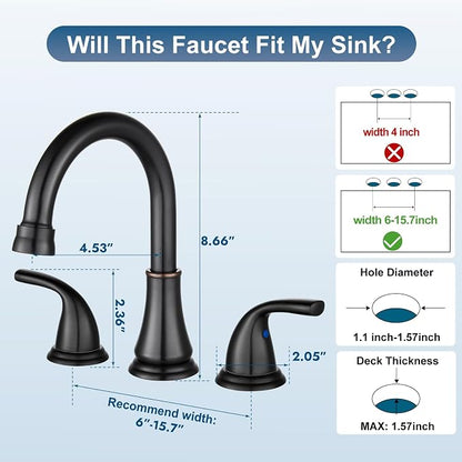 Oil Rubbed Bronze Widespread Bathroom Sink Faucet, 3 Hole 8 Inch | Modern Bathroom Faucet 3-Hole,2 Handles,Pop-Up Drain & Supply Lines,Deck Mount Vanity Faucet,1.2 GPM,SUS304 Stainless Steel
