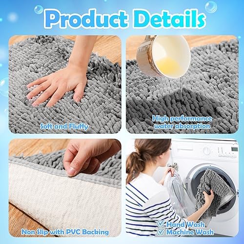 Drydiet 6 Pcs Chenille Bathroom Rugs Non Slip Bath Mats Set, Grey