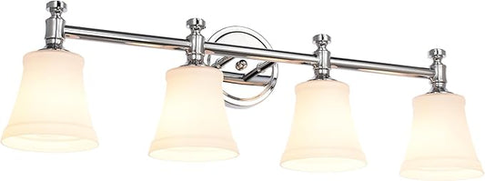 Bathroom Vanity Light Fixtures, Traditional Chrome 4 Lights Wall Sconce Lighting with Opal Glass Shade, Porch Wall Mount Light Fixture for Bathroom, Mirror Cabinets Hallway Stairs