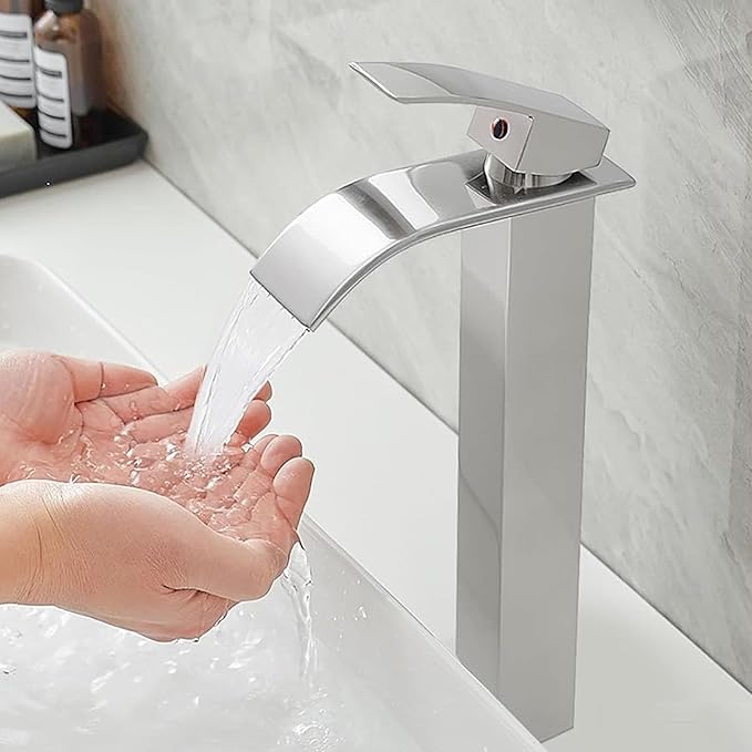 Brushed Nickel Bathroom Vessel Sink Faucet, Waterfall Vessel Faucet, Tall Body 1 Hole Single Handle with Pop Up Drain Without Overflow Combo Vanity Mixer Tap Basin Bowl Sink Silver