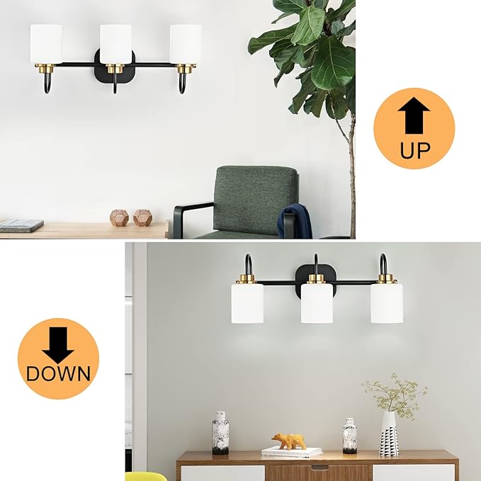 Mid Century Modern Matte Black and Gold 3 Lights Milky Glass Wall Light Fixture for Bathroom Modern Bathroom Vanity Lights Over Mirror(Exclude E26 Bulb)
