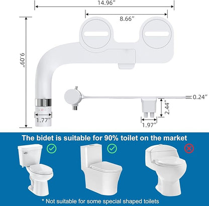 Bidet Attachment for Toilet, Ultra-Slim Dual Nozzle Cold Water Bidet with Chrome Control Dial, Non-Electric Space-Saving Bidet Attachment for Modern Bathrooms