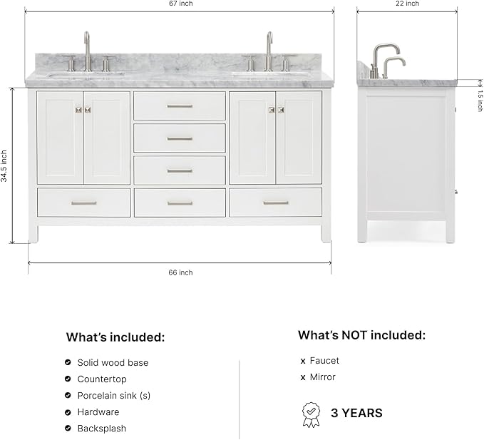 ARIEL Cambridge 66-inch Bathroom Vanity with Sink,Solid Wood, 1.5-inch Italian Carrara Marble Countertop, Double Rectangular Porcelain Sink, 4 Soft Closing Doors, 6 Dovetail Drawers, White