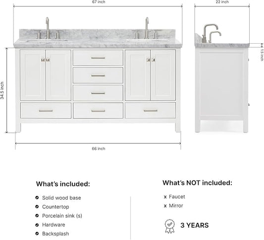 ARIEL Cambridge 66-inch Bathroom Vanity with Sink,Solid Wood, 1.5-inch Italian Carrara Marble Countertop, Double Rectangular Porcelain Sink, 4 Soft Closing Doors, 6 Dovetail Drawers, White