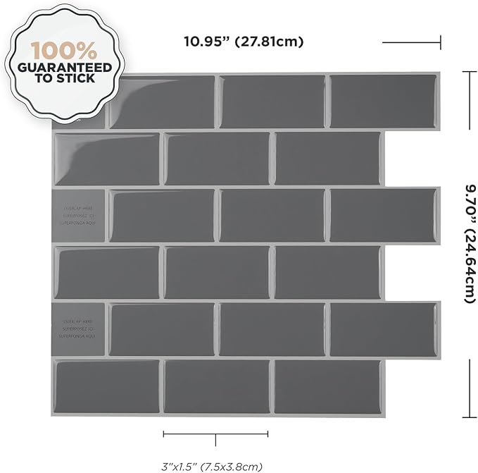 Smart Tiles Peel and Stick backsplash, Subway Slate Gray, 10.95"x9.7" | Pack of 10 (6.3 sq ft), Glossy, Heat/Moisture Resistant, Low VOC, Kitchen/Bathroom, Renter Friendly, Made in Canada