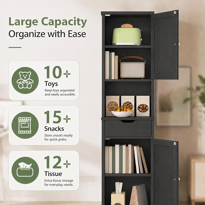 Walsunny Tall Bathroom Storage Cabinet with 6 Adjustable Shelves, Black | Anti-Tip Safety, Waterproof MDF, 2 Doors + 1 Drawer, Easy Assembly, for Bathroom/Living Room/Kitchen