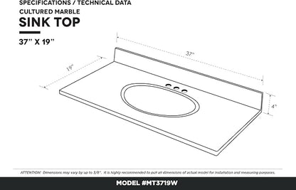 Cultured Marble Composite Bathroom Sink Top - Fits Standard 36” Vanity | Elegant and Durable Bathroom Sinks for Modern Homes - Upgrade Your Space - Perfect for Any Bathroom Design