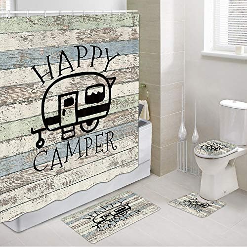 Happy Campers Shower Curtain Retro Rustic Wood Neutral Color For Travel Trailer Camping Motor RV Bathroom Stall Shower Curtain Set, Small Size Waterproof Fabric Shower Cutain, Hooks Include 47x64
