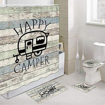Happy Campers Shower Curtain Retro Rustic Wood Neutral Color For Travel Trailer Camping Motor RV Bathroom Stall Shower Curtain Set, Small Size Waterproof Fabric Shower Cutain, Hooks Include 47x64