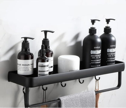Modern Double Layer Bathroom Storage Shelves and One Towel Bar and 5 Moveable Hooks, Wall Mounted Black Aluminum Towel Holders Towel Rack, Bath/Kitchen Storage Shelf (Black-15.7Inches)
