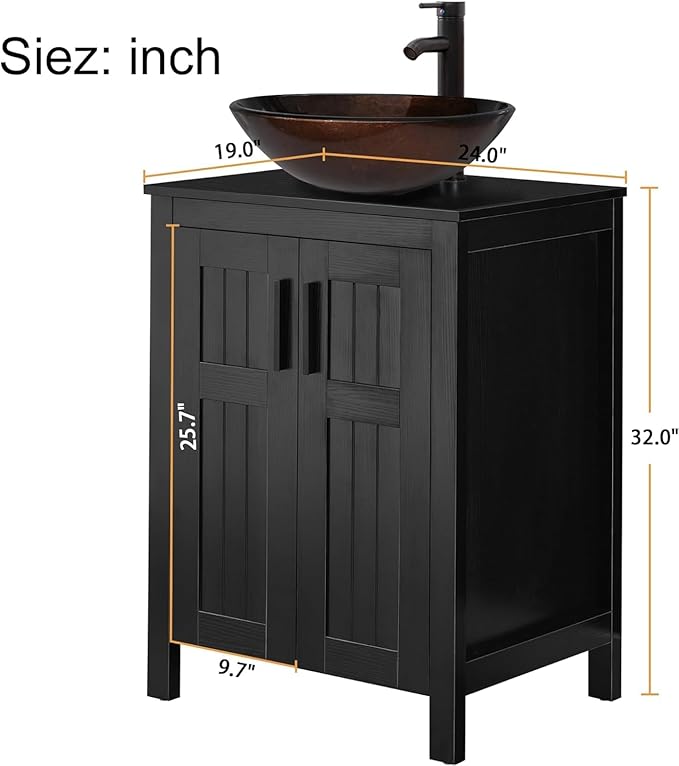 UEV 24"" Black Bathroom Vanity with Sink Combo,Modern Vanity with Vessel Sink,Stylish Bathroom Vanity Cabinet,Grooved Doors & Metal Handles,Modern Bronze Round Bowl Tempered Glass Vessel Sink, BK050