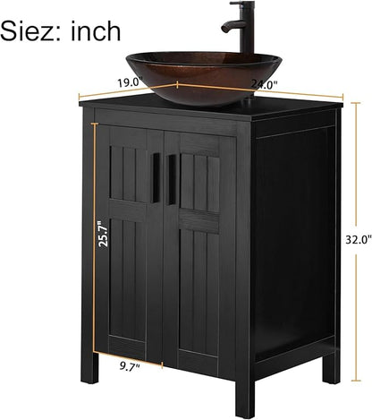 UEV 24"" Black Bathroom Vanity with Sink Combo,Modern Vanity with Vessel Sink,Stylish Bathroom Vanity Cabinet,Grooved Doors & Metal Handles,Modern Bronze Round Bowl Tempered Glass Vessel Sink, BK050