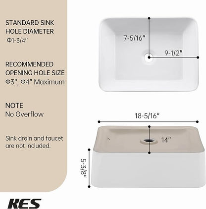KES Rectangular Bathroom Vessel Sink White 19x15 Inches Rectangle Above Counter Countertop Porcelain Ceramic Vanity Sink, BVS110