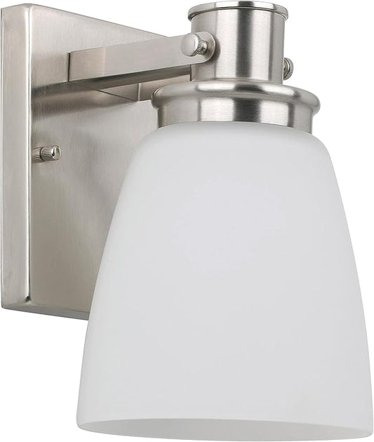 Design House Atkinson Wall Sconce, 1-Light, Frosted White Glass Shade, Dimmable, Up/Down Mountable, E26 Socket, Satin Nickel, 6.0 in L x 7.4 in W x 8.9 in H, 589515
