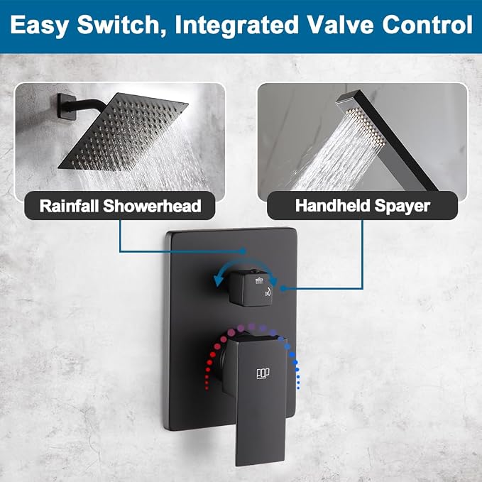Black Shower System Bathroom Rainfall Shower Faucet Set Complete Wall Mounted 8 Inch Shower Head and Handle Set with Rough-in Valve Body and Trim Kit
