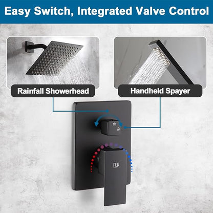 Black Shower System Bathroom Rainfall Shower Faucet Set Complete Wall Mounted 8 Inch Shower Head and Handle Set with Rough-in Valve Body and Trim Kit