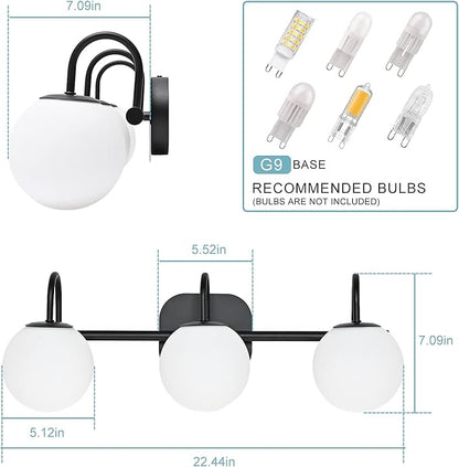 Modern Black Bathroom Vanity Light Fixtures 3 Lights Frame and Milk White Glass Globe Shade Modern Wall Sconce Lighting Bath Vanity Lights Bar Over Mirror (Exclude G9 Bulb)