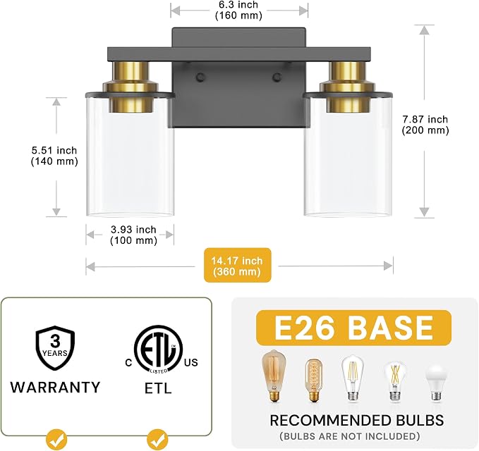 L LOHAS LED 2-Light Bathroom Vanity Light, Black and Gold | Clear Glass Shades; Black and Gold Bathroom Light Fixture; ETL Listed