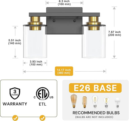 L LOHAS LED 2-Light Bathroom Vanity Light, Black and Gold | Clear Glass Shades; Black and Gold Bathroom Light Fixture; ETL Listed