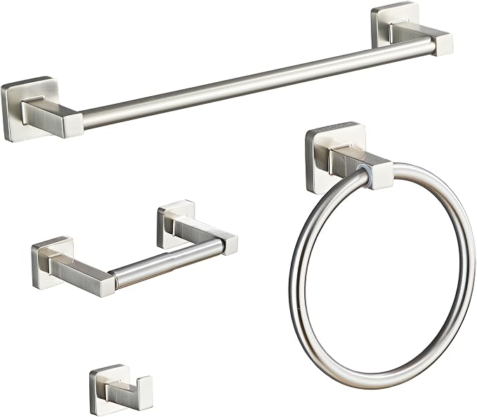 Brushed Nickel Bathroom Hardware Set 4 Pieces,Towel Bar Set Stainless Steel Wall Mounted, Includes 16In Hand Towel Bar, Towel Ring, Robe Towel Hooks,Toilet Paper Holder, Bathroom Towel Rack Set…