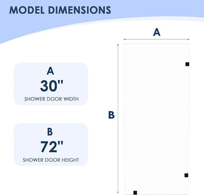 30" x 72" Frameless Fixed Single Shower Panel | Walk-In Shower Glass Door, 3/8" Clear Tempered Glass with Explosion-Proof Film, Matte Black Bathroom Shower Screen