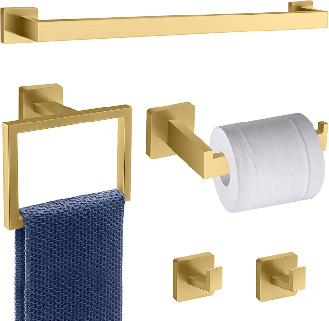 5 Piece Gold Towel Bar Set Bathroom Hardware Set Gold Bathroom Accessories Set with 2 Towel Hook, Stainless Steel Wall Mounted Bathroom Towel Rack Set Square 16-Inch