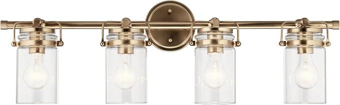 Kichler Brinley 4-Light Farmhouse Vanity Light, Champagne Bronze | Clear glass vanity light for bathroom mirrors (32.5" x 10.25" x 6.75"), 45690CPZ