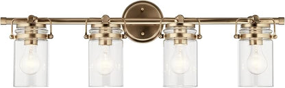 Kichler Brinley 4-Light Farmhouse Vanity Light, Champagne Bronze | Clear glass vanity light for bathroom mirrors (32.5" x 10.25" x 6.75"), 45690CPZ