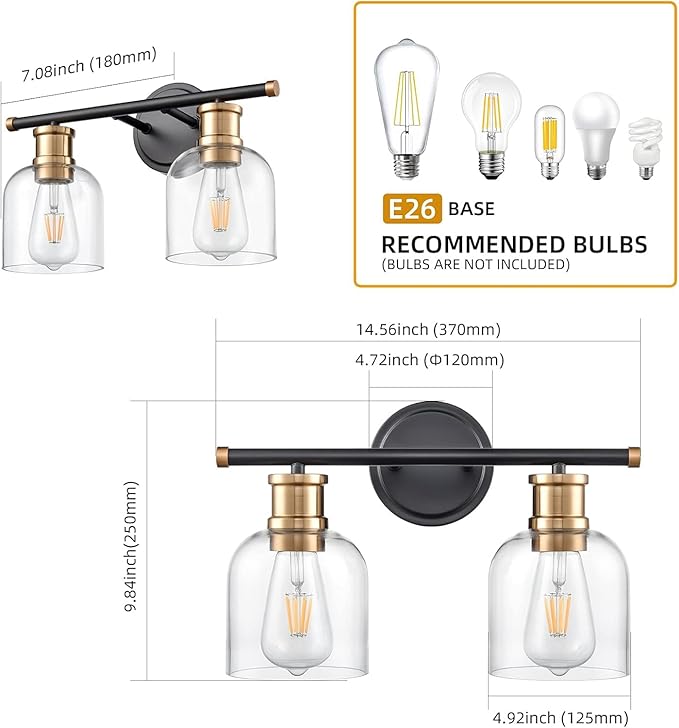 Modern Wall Sconce Lights 2 Lights Matte Black Bathroom Lighting with Clear Glass Shades Antique Brass Vintage Vanity Light Fixtures