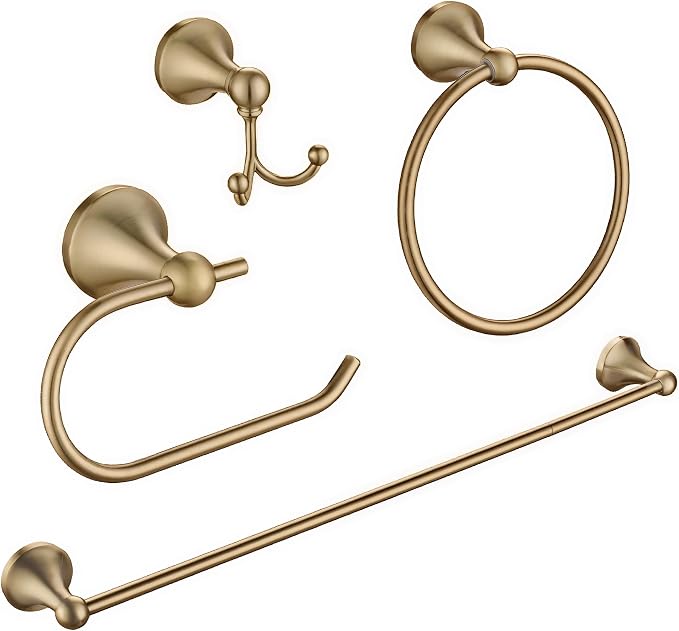 4 Piece Gold Bathroom Hardware Set - Brushed Gold Bathroom Accessories, 23.6 Inch Towel Bar | Towel Hook | Toilet Paper Holder | Hand Towel Holder (Champagne Bronze)