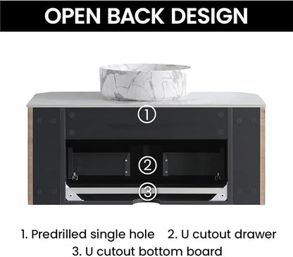 36" Preassembled Floating Bathroom Vanity with Carrara Finish Sink, Oak | Mid-Century Modern Style, Fluted & Soft-Close Drawer with U-shaped Wall, Sinterted Stone Countertop, Towel Rack Included