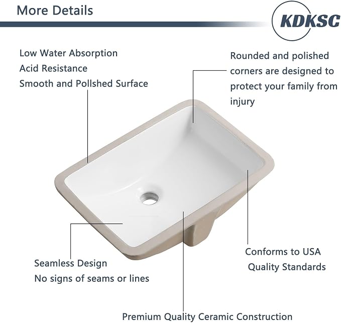 18 Inch Undermount Bathroom Sink White Ceramic Rectangular Under Counter Bathroom Sink for Cabinet Porcelain Vanity Sinks,Overflow Type (18.4"x13.0")