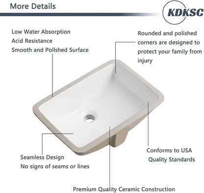 18 Inch Undermount Bathroom Sink White Ceramic Rectangular Under Counter Bathroom Sink for Cabinet Porcelain Vanity Sinks,Overflow Type (18.4"x13.0")