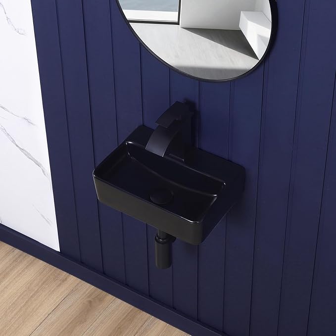 Small Wall Mount Bathroom Vessel Sink Matte Black 14"x10" Rectangular Floating Porcelain Ceramic Black Wall Hung Vanity Basin Sink for Tiny Home,RV,Bathroom