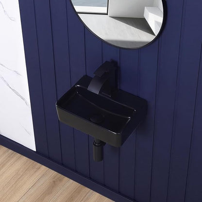 Small Wall Mount Bathroom Vessel Sink Matte Black 14"x10" Rectangular Floating Porcelain Ceramic Black Wall Hung Vanity Basin Sink for Tiny Home,RV,Bathroom