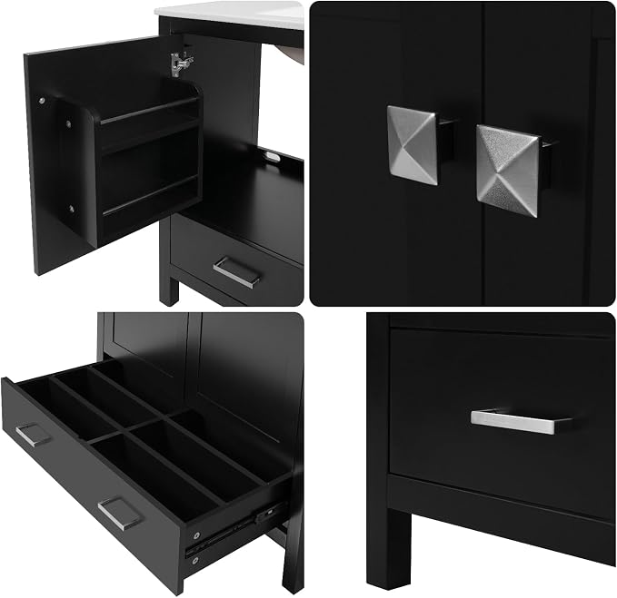 36" Freestanding Bathroom Vanity with Sink, Floor Stand Bathroom Storage Cabinet with Ceramic Sink, Doors with Double-Layered Storage Shelves, Modern Compact Vanity with Divided Drawer, Black
