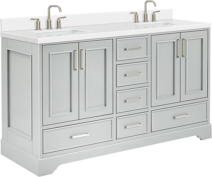 ARIEL Stafford 60-inch Bathroom Vanity with Sink,Solid Wood, 1.5-inch Pure White Quartz Countertop & Backsplash, Double Rectangular Porcelain Sink, 4 Soft Closing Doors, 6 Dovetail Drawers, Grey