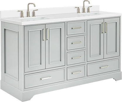 ARIEL Stafford 60-inch Bathroom Vanity with Sink,Solid Wood, 1.5-inch Pure White Quartz Countertop & Backsplash, Double Rectangular Porcelain Sink, 4 Soft Closing Doors, 6 Dovetail Drawers, Grey